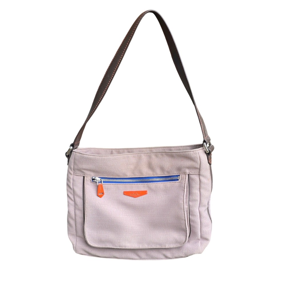 Kipling KEEFE Canvas Shoulder Bag Mauve Pink Blue Zip Front Pocket Adjustable